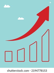 Abstract financial graph with uptrend line arrow and bar chart of stock market on red color with blue background