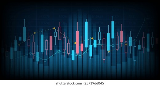 Abstract financial graph with uptrend line and bar chart of stock market on blue color background