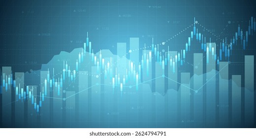 Gráfico financiero Abstractas con gráfico de barras de tecnología de línea uptrend del mercado de valores sobre fondo de color azul