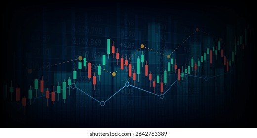 Abstract financial graph with uptrend line technology bar chart of stock market on blue color background