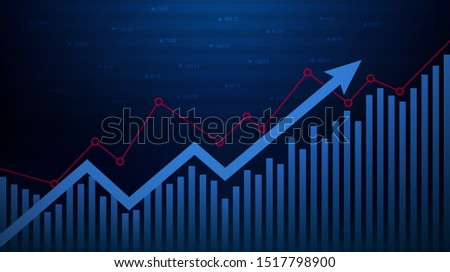 Abstract financial graph with uptrend line and arrows in stock market on blue color background