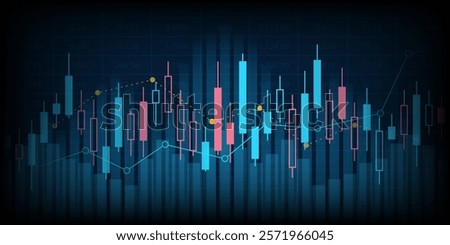 Abstract financial graph with uptrend line and bar chart of stock market on blue color background
