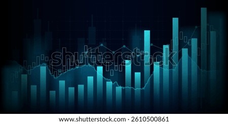 Abstract financial graph with uptrend line and bar chart of stock market on blue color background