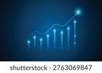 Abstract Financial Growth Concept with Glowing Upward Arrows and Trend Line, Business Success and Data Analytics Blue Neon Vector Illustration
