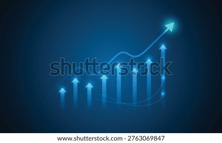Abstract Financial Growth Concept with Glowing Upward Arrows and Trend Line, Business Success and Data Analytics Blue Neon Vector Illustration