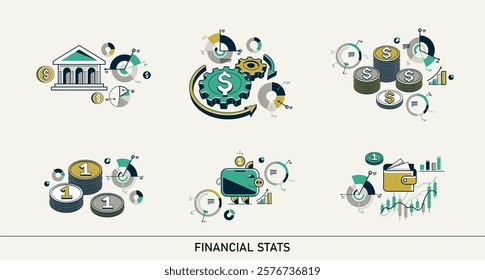 Abstract financial statistics vector bundle, finance and money analysis stats set, stock market graphs and diagrams.