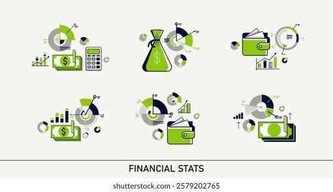 Abstract financial statistics vector bundle, finance and money analysis stats set, stock market graphs and diagrams.
