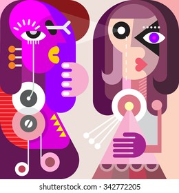 Abstract fine art portrait of two young women looking at each other. Vector illustration. 