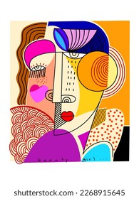 Abstract fine art vector face portrait of people hand drawn vector illustration. Colorful, line, shapes design for wall art, home decoration, poster, cover, cards and prints.