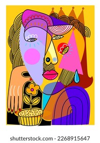 Resumen de arte fino vectorial retrato facial de personas dibujadas a mano ilustración vectorial. Colorido, línea, formas de diseño para el arte de la pared, decoración del hogar, afiche, cubierta, tarjetas e impresiones.