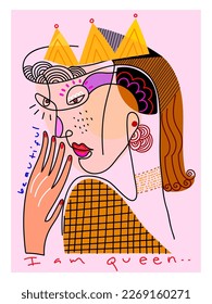 Abstract fine art vector face portrait of people hand drawn illustration. Colorful, line, shapes, doodle modern design for wall art, poster, cover, home decoration, cards and prints.