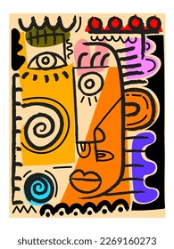 Abstract fine art vector face portrait of people hand drawn illustration. Colorful, line, shapes, doodle modern design for wall art, poster, cover, home decoration, cards and prints.