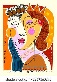 Resumen de arte fino vectorial retrato facial de personas dibujadas a mano ilustración. Colorido, línea, formas, doodle diseño moderno para el arte de la pared, afiche, cubierta, decoración del hogar, tarjetas e impresiones.