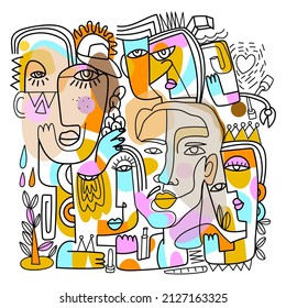 Abstract fine art vector portrait of people face illustration. Line, colorful, hand drawn design for wall art,poster,card,home decoration, prints.
