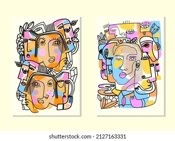 Abstract fine art vector portrait of people face illustration. Line, colorful, hand drawn design for wall art,poster,card,home decoration, prints.