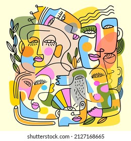 Abstract fine art vector portrait of people face illustration. Line, colorful, hand drawn design for wall art,poster,card,home decoration, prints.