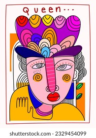 Abstract fine art vector portrait of people face illustration. Line, colorful, design for wall art, poster, card, home decoration and prints.