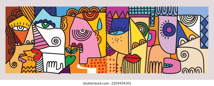 Abstract fine art vector portrait of people face illustration. Line, colorful, design for wall art, poster, card, home decoration and prints.