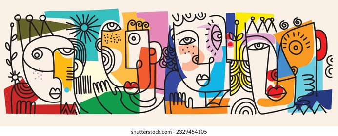 Abstract fine art vector portrait of people face illustration. Line, colorful, design for wall art, poster, card, home decoration and prints.