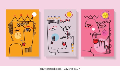 Abstrakte Kunst, Vektorgrafik von Menschen Gesicht Illustration. Linien, bunt, Design für Wandkunst, Poster, Karte, Heimdekoration und Drucke.