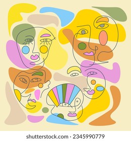 Abstract fine art vector portrait of people face illustration. Line, colorful, hand drawn design for wall art,poster prints.