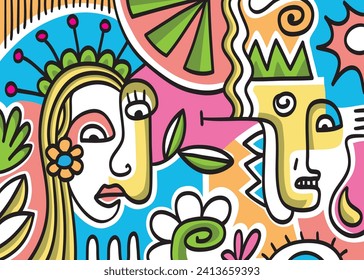 Abstract fine art vector portrait of people faces illustration. Line, colorful, hand drawn design for wall art, posters, cards, home decor, prints. Vector illustration