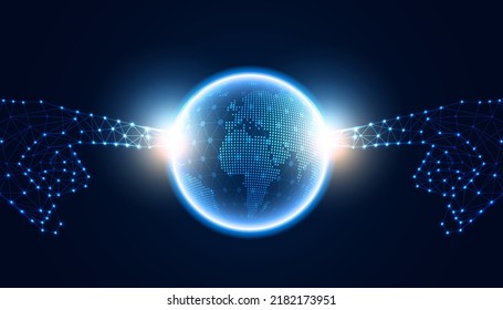 abstract finger pointing global dot network circle digital connection and communication futuristic on blue background.