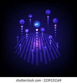 Resumen de la tecnología de escaneo de huellas dactilares de fondo vectorial para seguridad cibernética, autenticación biométrica y concepto de identidad.