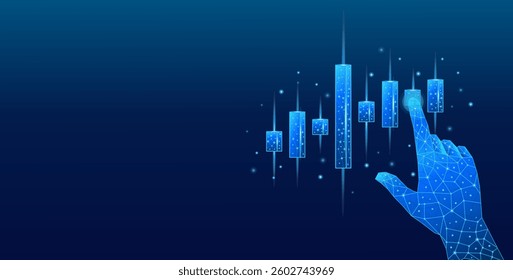 An abstract finger touching a tech-blue stock market candle. A low-poly concept of increasing investment profitability. Growth chart with an ascending arrow. Financial and stock market concepts