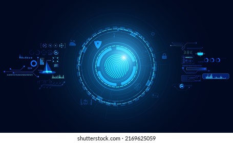 Abstract fingerprint on digital blue background concept safe data protection hud interface hologram elements of digital data chart, communication, computing and circle percent vitality innovation.