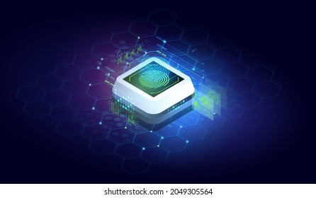 Abstract fingerprint technology. Concept of digital security, electronic fingerprint on scanning device. Isometric vector illustration.
