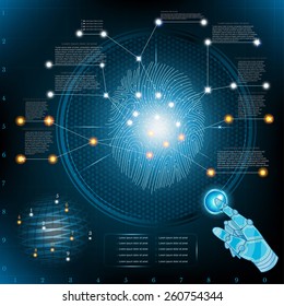 Abstract Fingerprinting Infographic With Robotic Hand Poiner Info And Fingerprint