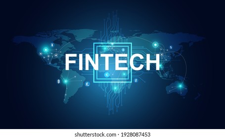 Abstract fintech consists of financial technology, cryptocurrency, cloud business. Connect to the world.