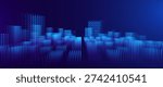 Abstract Fintech Digital Cityscape With Glowing Blue Towers and Data Flow Grid Patterns. Advanced Smart City Background With Illuminated Particle Buildings and Technology Network Grid. Vector.