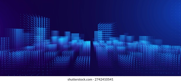Abstract Fintech Digital Cityscape With Glowing Blue Towers and Data Flow Grid Patterns. Advanced Smart City Background With Illuminated Particle Buildings and Technology Network Grid. Vector.