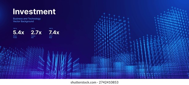 Abstract Fintech Digital Cityscape With Glowing Blue Towers and Data Flow Grid Patterns. Advanced Smart City Background With Illuminated Particle Buildings and Technology Network Grid. Vector.