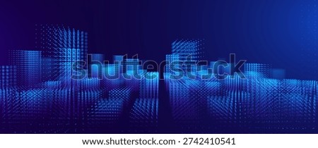 Abstract Fintech Digital Cityscape With Glowing Blue Towers and Data Flow Grid Patterns. Advanced Smart City Background With Illuminated Particle Buildings and Technology Network Grid. Vector.