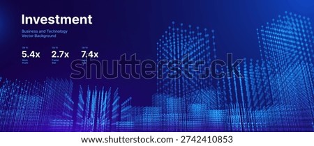 Abstract Fintech Digital Cityscape With Glowing Blue Towers and Data Flow Grid Patterns. Advanced Smart City Background With Illuminated Particle Buildings and Technology Network Grid. Vector.