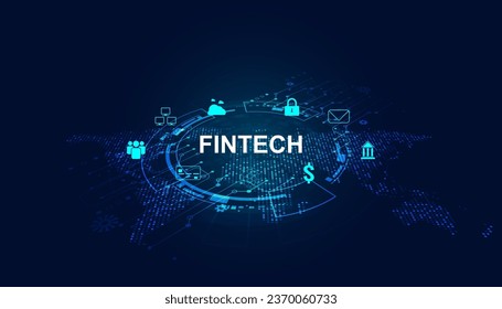 Abstract FinTech Finance and map dots Technology applied in the icons financial business On a modern blue background, futuristic.