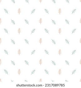 Abstract fir tree twigs seamless vector pattern. Cute hand drawn floral background for kids room decor, nursery art, apparel, packaging, print, wrapping paper, textile, fabric, wallpaper, gift.
