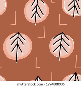 Abstract fir trees forest, ethnical seamless pattern for textile, fabric, wrapping paper, wallpaper and other print and design. Vector hand-drawn illustration in trendy pale, boho colors.