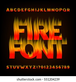 Abstract fire alphabet font. Flame effect letters and numbers on a dark background. Vector typeface for your design.