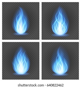 Abstract fire blue flame light on black. Backgrounds set vector illustration. Burning flames translucent elements special Effect.