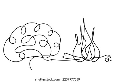 Abstract fire with brain as line drawing on white background. Vector