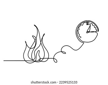 Abstraktes Feuer mit Uhr als Linienzeichnung auf weißem Hintergrund. Vektorgrafik