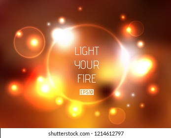 Abstract fire circle background. Night city gold lights design. Colorful wallpaper with fireflies and shining sparkles. Holiday, New year and Christmas vector illustration.