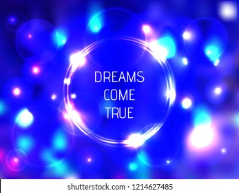 Abstract fire circle background. Night city blue and purple lights design. Colorful wallpaper with fireflies and shining sparkles. Holiday, New year and Christmas vector illustration.
