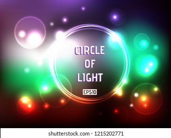 Abstract fire circle background. Night city red, green and purple lights design. Colorful wallpaper with fireflies and shining sparkles. Holiday, New year and Christmas vector illustration.