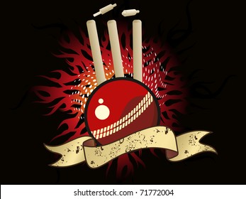 abstract fire cricket concept background with isolated ball, stumps and grunge ribbon