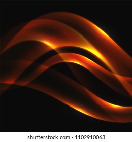 Abstract  fire design. Light neon effect. Red-yellow  fluid lines and waves with sparkling particles on a black background